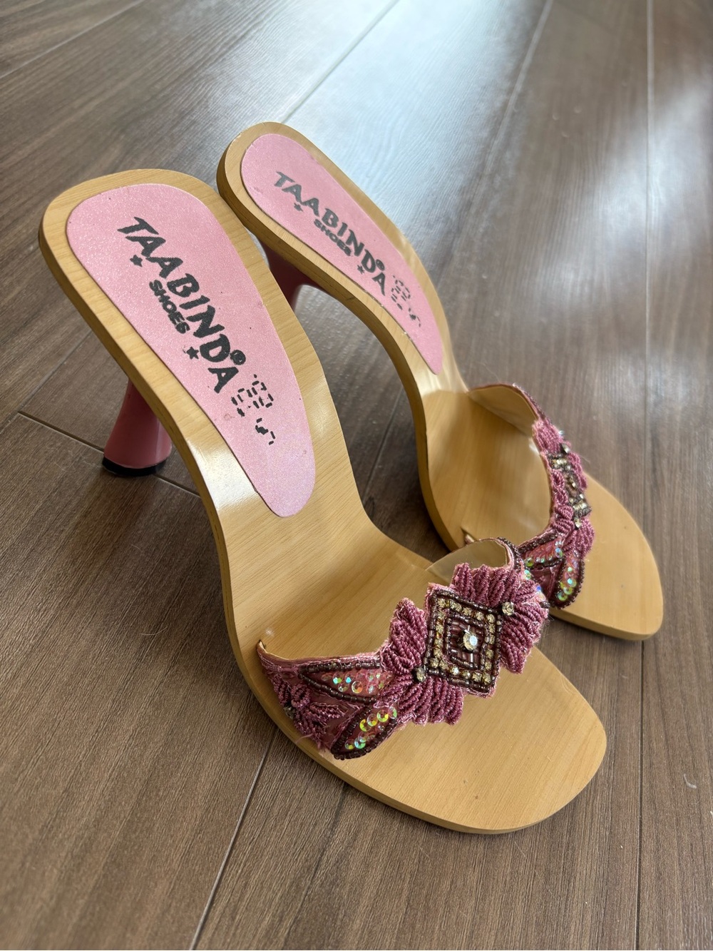 Y2K Fairycore Pink Beaded Wood-Heel Slide Sandals